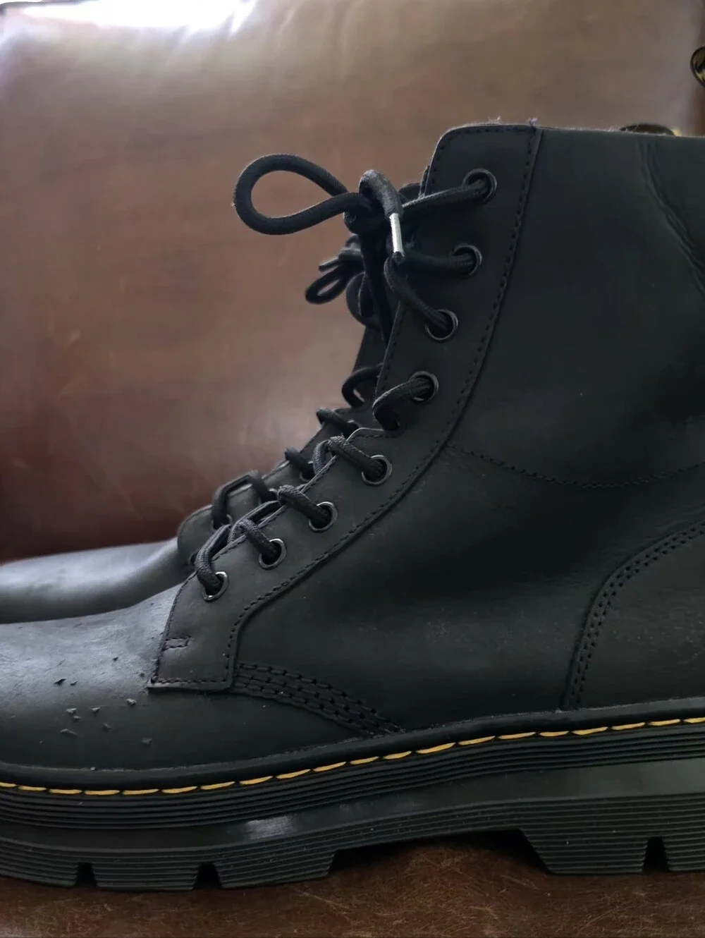 Dr. Martens Black Leather 8-Eye Lace-Up Boots with Yellow Stitch Bouncing Souls